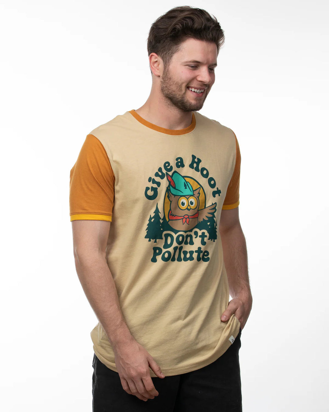 The Landmark Project Unisex Give a Hoot Short Sleeve Colorblock Ringer Tee Landmark Project