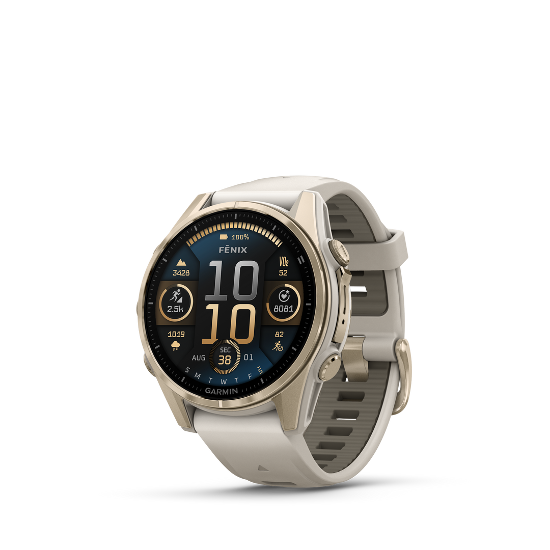 Garmin Fenix 8 - 43mm AMOLED (Sapphire/Soft Gold with Fog Gray/Dark Sandstone Silicone Band) GARMIN