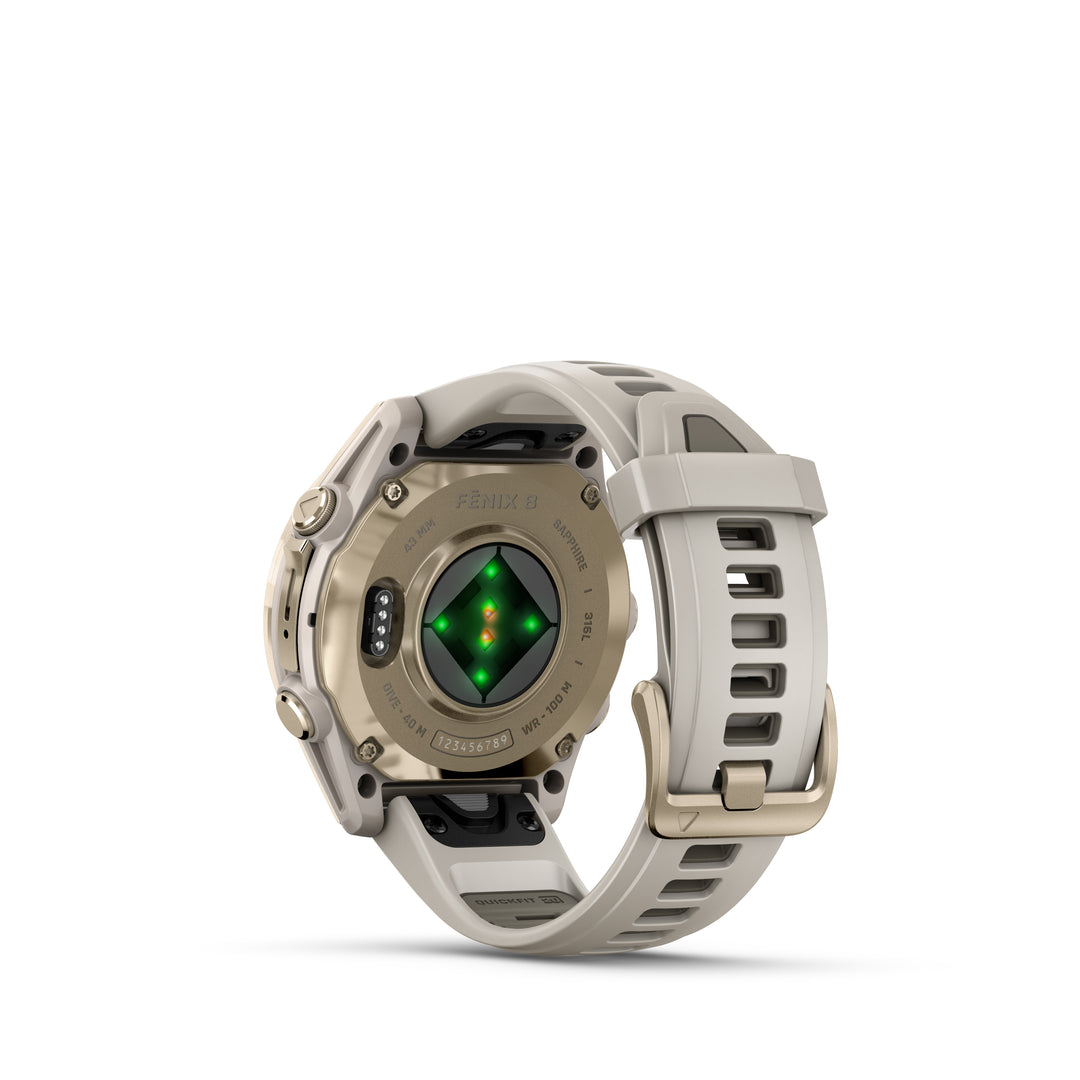 Garmin Fenix 8 - 43mm AMOLED (Sapphire/Soft Gold with Fog Gray/Dark Sandstone Silicone Band) GARMIN